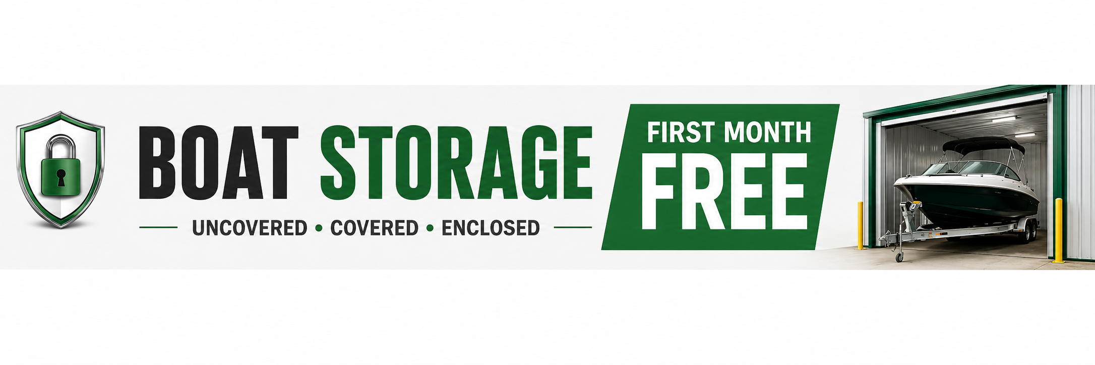 Boat storage options including uncovered, covered, and enclosed spaces, with a first-month-free promotion.