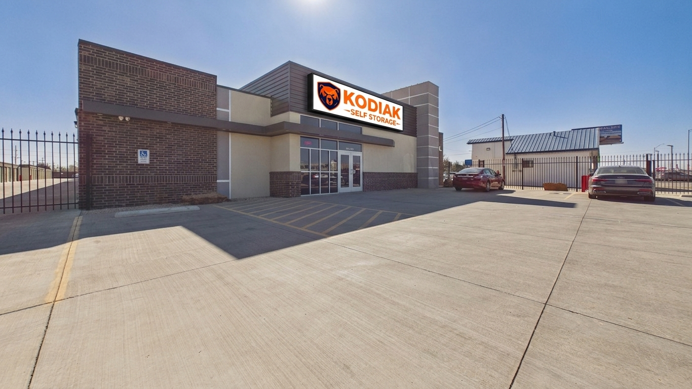 Front view of Kodiak Self Storage facility in Lubbock, TX