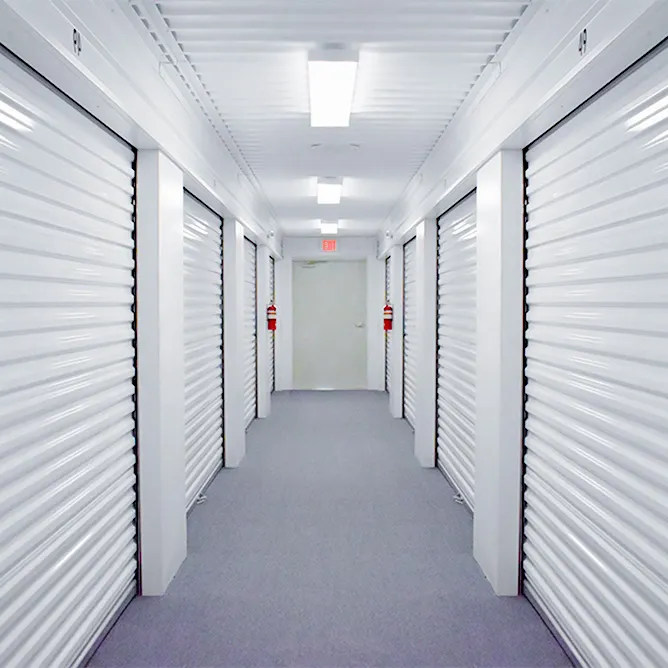 Modern storage facility hallway and unit photos.