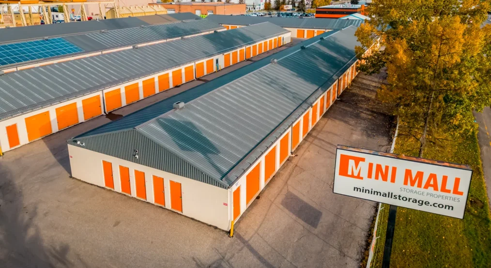 Rows of orange storage unit doors