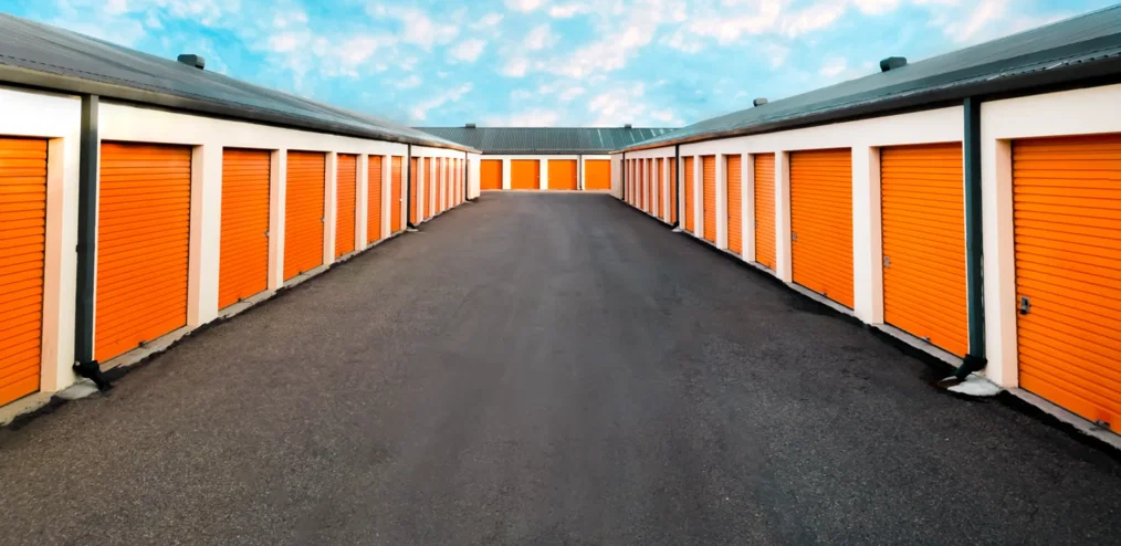 Aerial view of drive-up storage buildings at a Mini Mall Storage facility