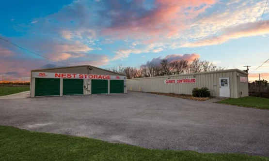 Facility exterior at sunset