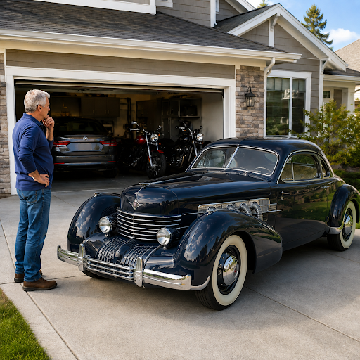 A man standing in front of a full garage while considering a car storage unit for his antique car.