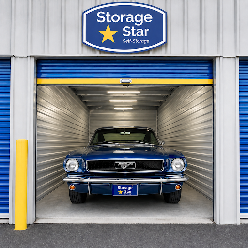 Generated image of a collectible car inside a car storage unit at Storage Star.