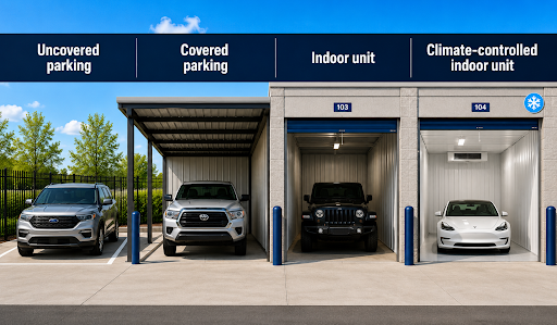 Four vehicles in different car storage units, uncovered, covered, indoor, and climate-controlled.