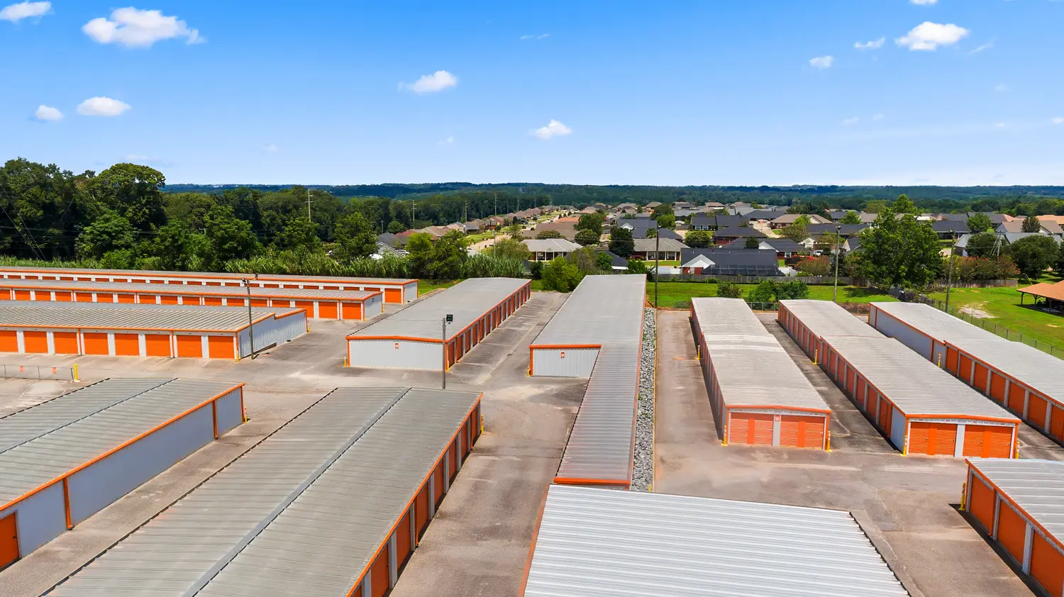 An aerial view of the Mini Mall Storage facility in Enterprise, AL on Rucker Blvd