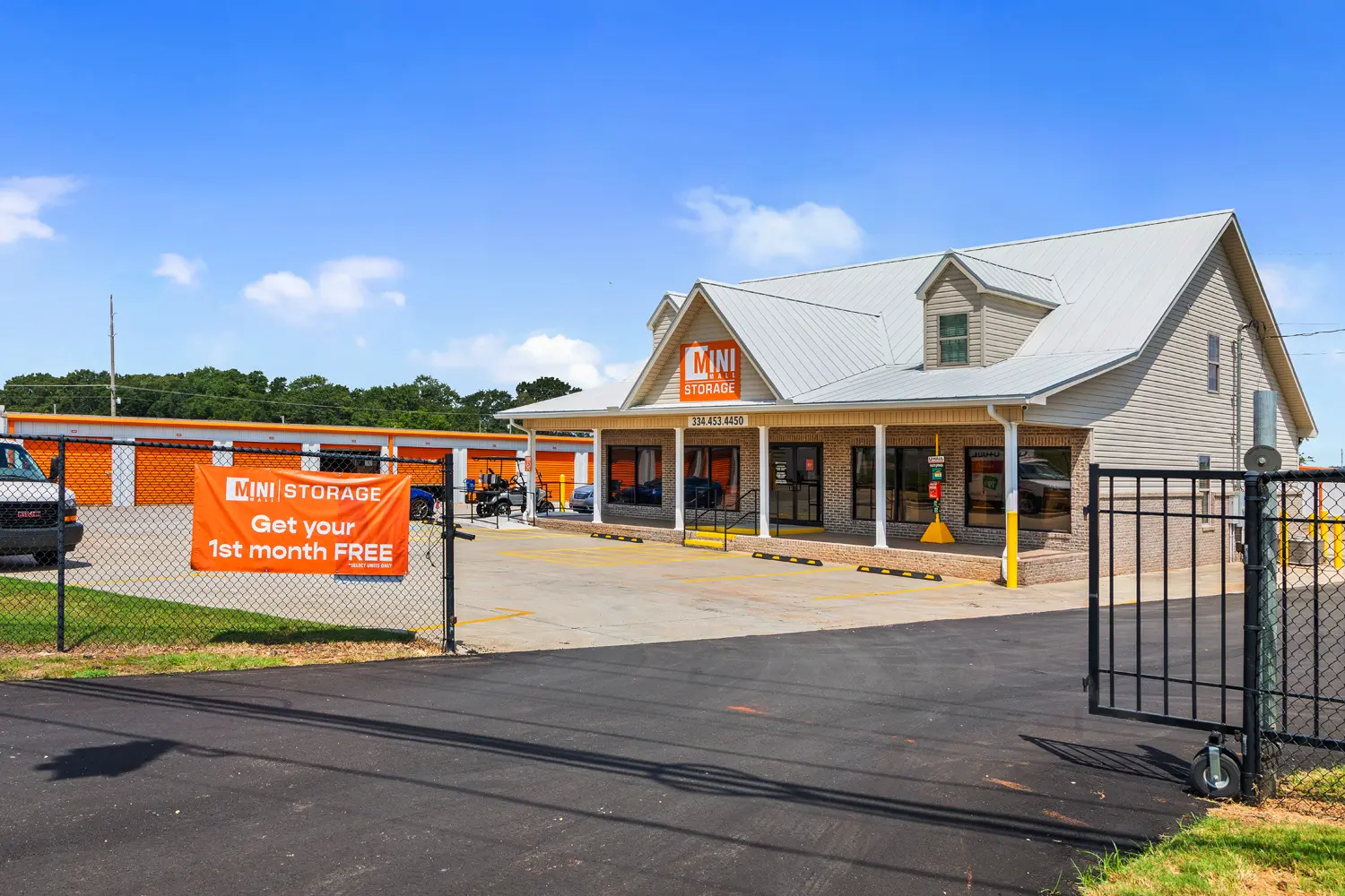 view of a storage facility office from the front gate