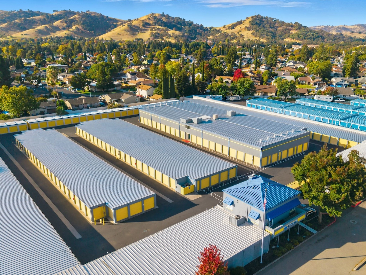 Aerial photo of Storage Star Vacaville, CA self-storage facility near I-80 and Leisure Town Road, showing layout and secure gated property.