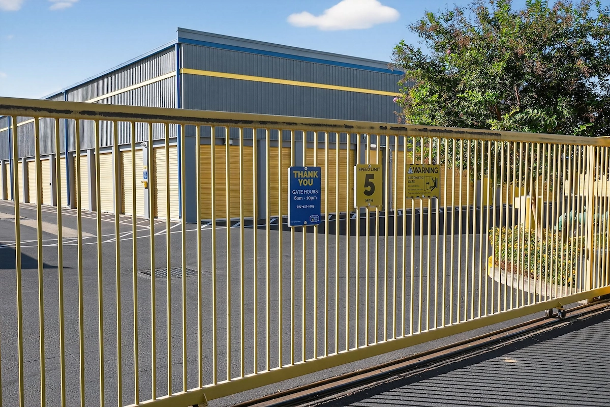 Secure gated entrance and keypad access to Storage Star Vacaville, California, self-storage facility.