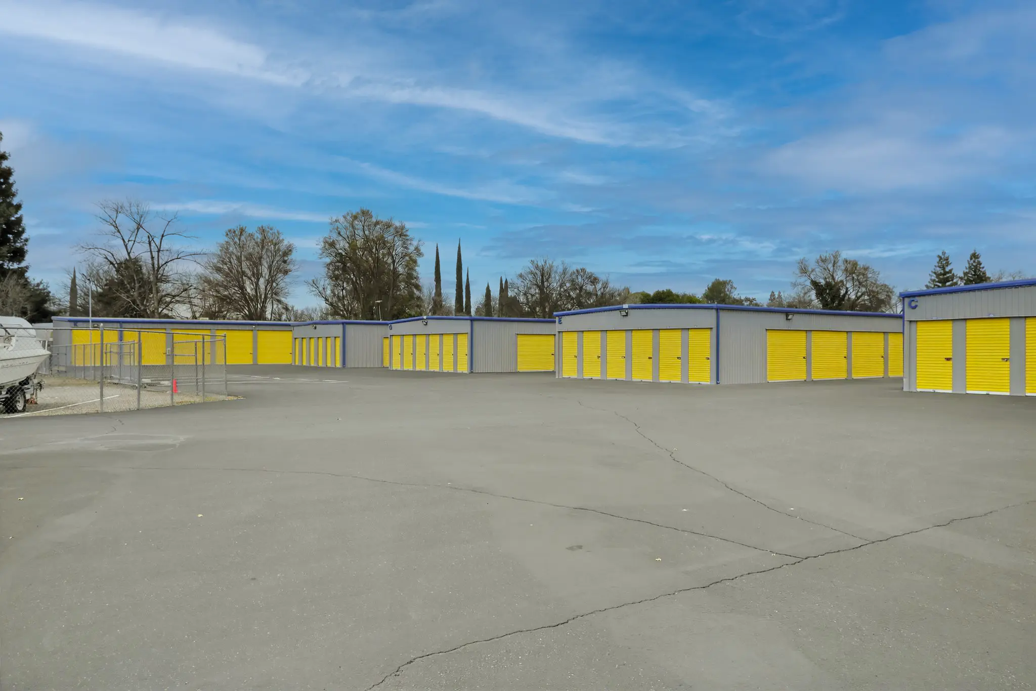 Drive-up storage units and boat storage parking on Esplanade in Chico, California.
