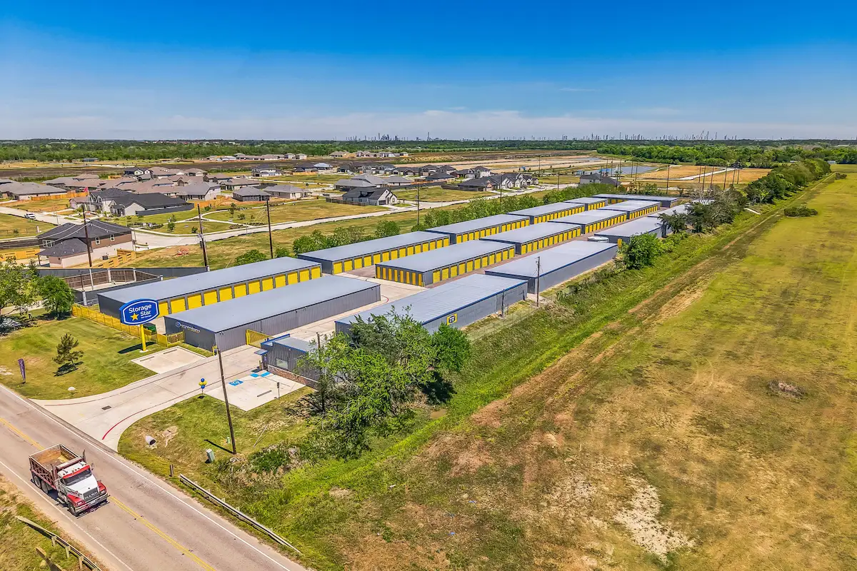 Aerial view of Storage Star self storage facility in Baytown TX showing building layout, drive aisles, and secure property