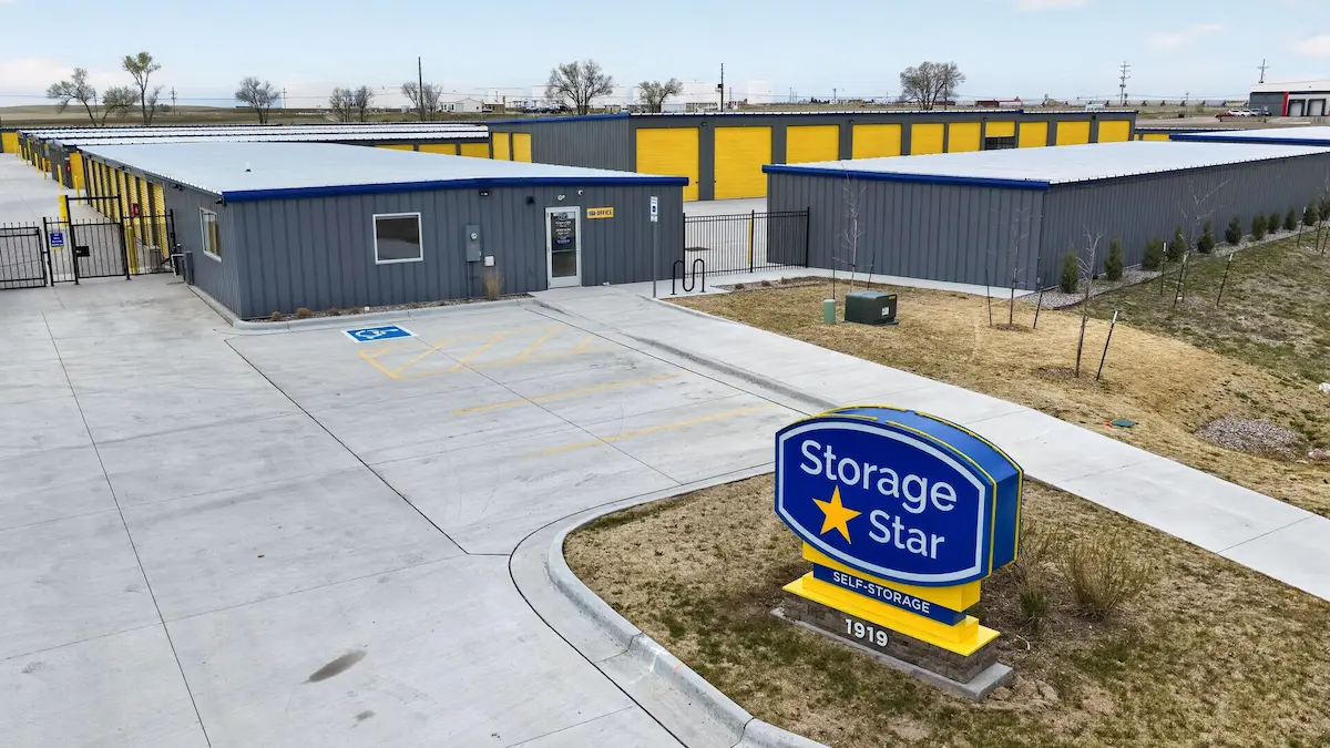 Main entrance with Storage Star sign at Wyott Drive facility in Cheyenne Wyoming
