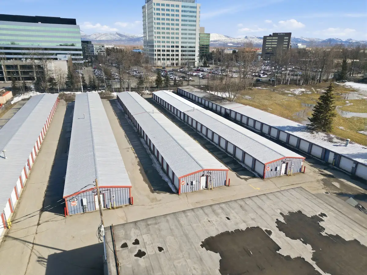 Aerial view of Storage Star self-storage facility drive-up units on Arctic Blvd